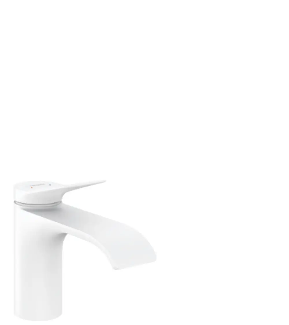 Weißer Waschtischmischer von Hansgrohe mit einer breiten, flachen Auslaufkante und einem ergonomischen Griff, der die Temperaturregelung ermöglicht.